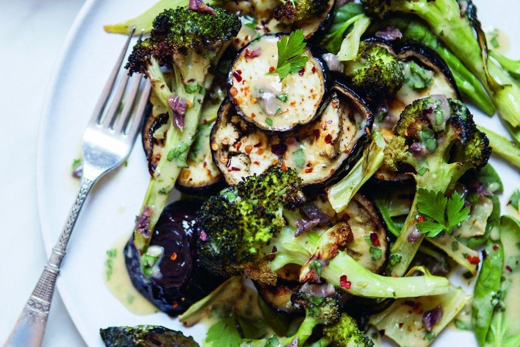 Aubergine and Broccoli Salad with Anchovy Dressing