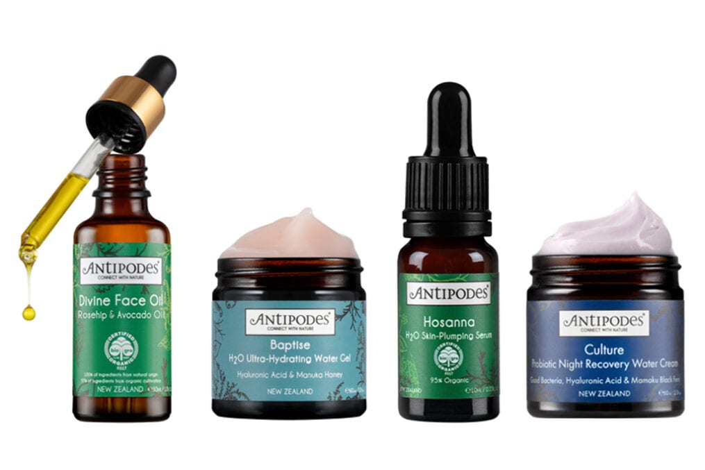 Antipodes products group shot featuring Divine Face Oil, Baptise H2) Ultra-Hydrating Water Gel, Hosanna H2O Skin-Plumping Serum and Culture Probiotic Night Recovery Water Cream